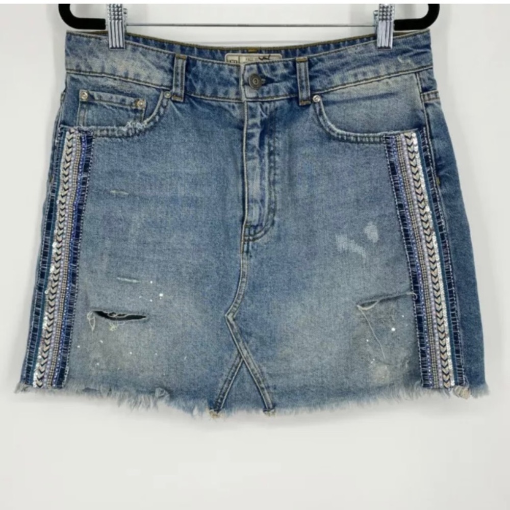 Free People Beaded Embroidered Stripe Distressed Denim Mini Skirt Blue Size 10